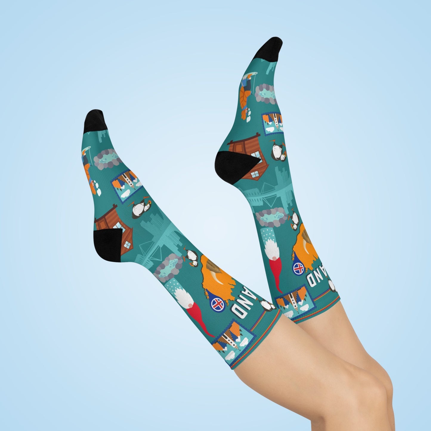 Iceland Crew Socks Puffins Unisex Adult Stretchy Mid Calf Original Atlas Wanderlust