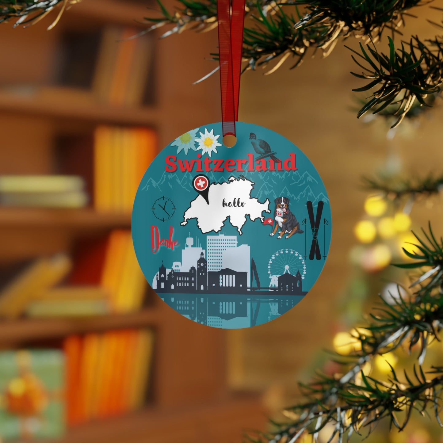 Switzerland Travel Ornament – Alpine Mountains, St. Bernard & Swiss Alps Skiing Atlas Wanderlust