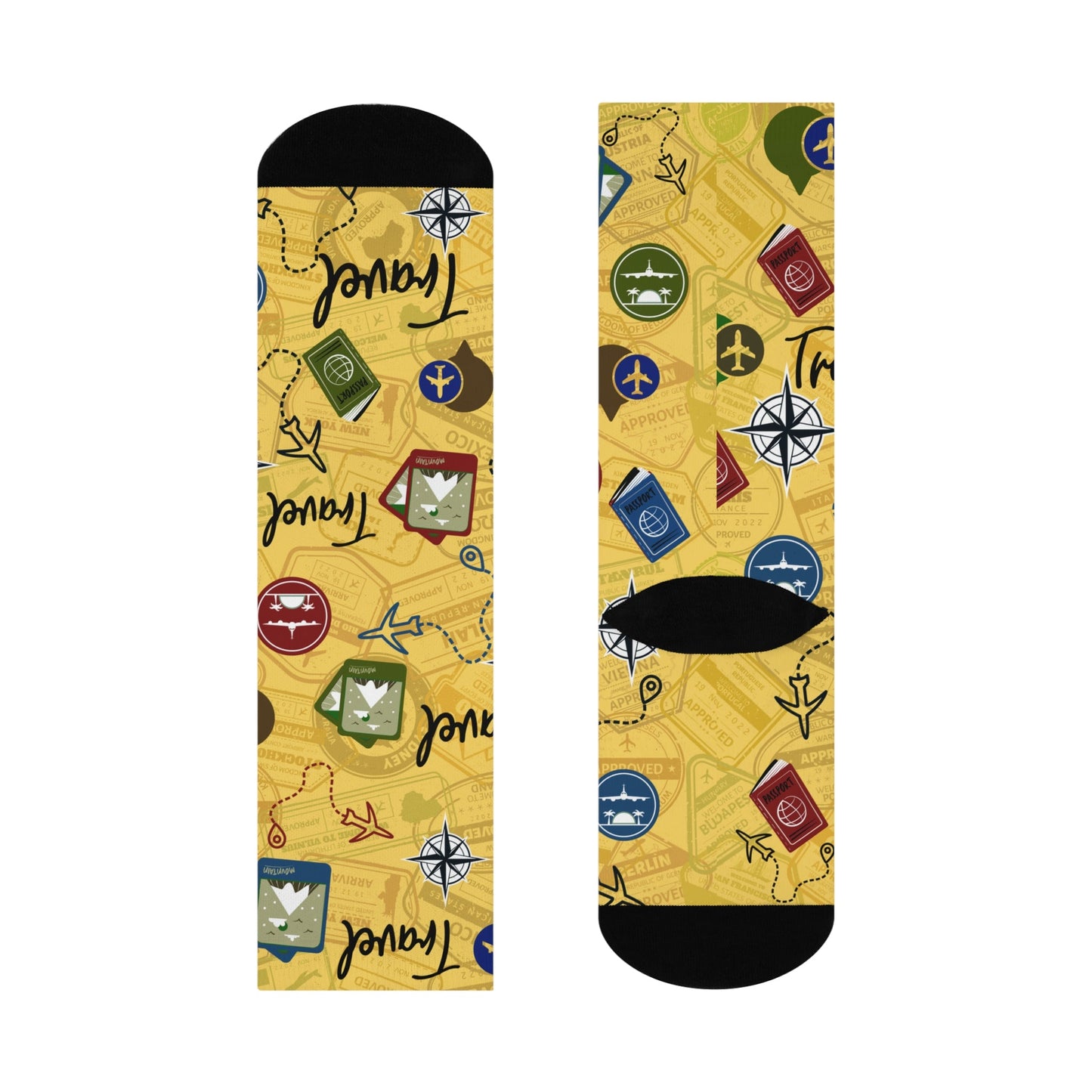 Travel Socks Yellow Compass Unisex Adult Stretchy Mid Calf Original Atlas Wanderlust