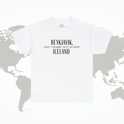 Reykjavik Iceland Coordinates T-Shirt, Modern Travel Tee Atlas Wanderlust