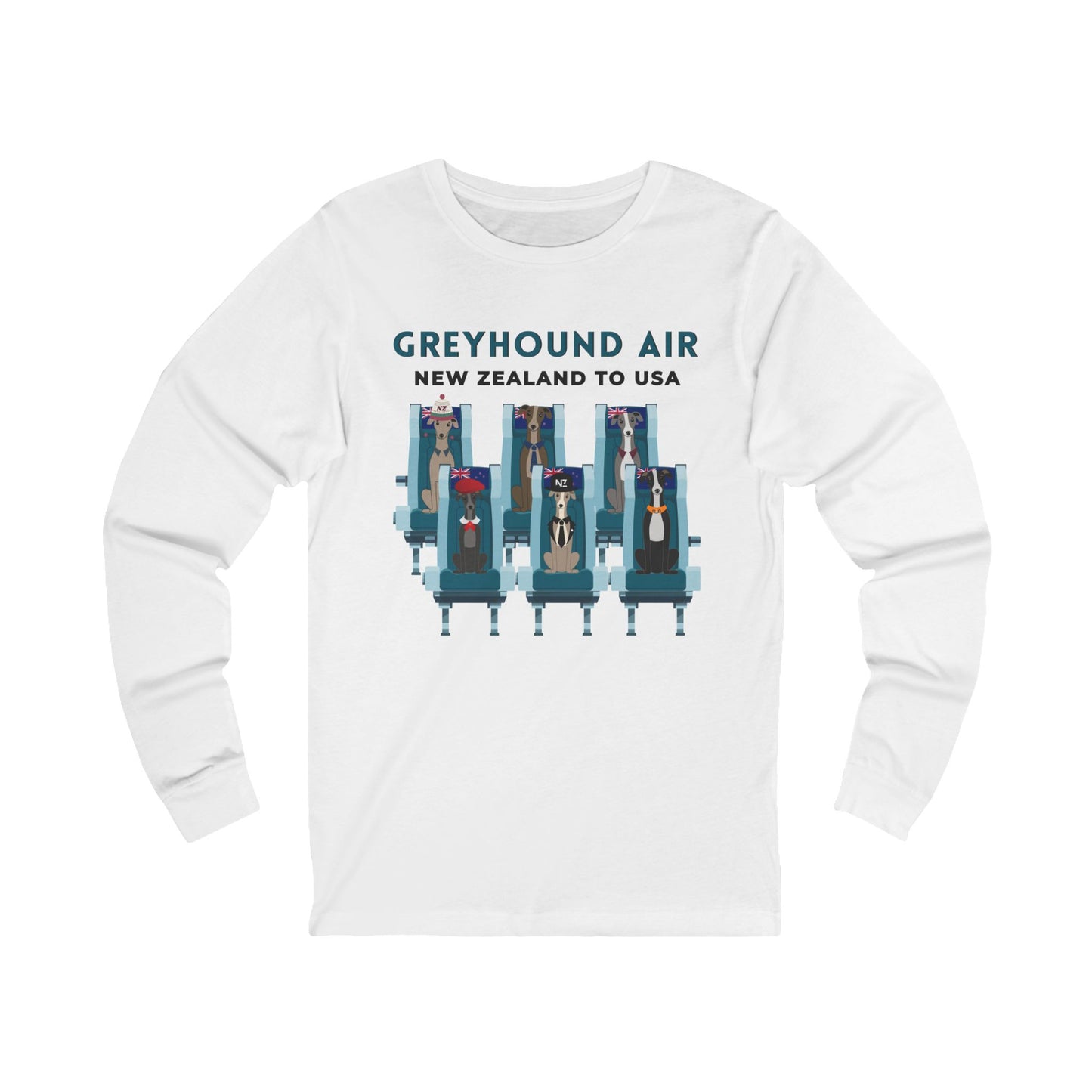 Greyhound Air long-sleeve unisex shirt featuring New Zealand to USA greyhound rescue aviation-inspired design