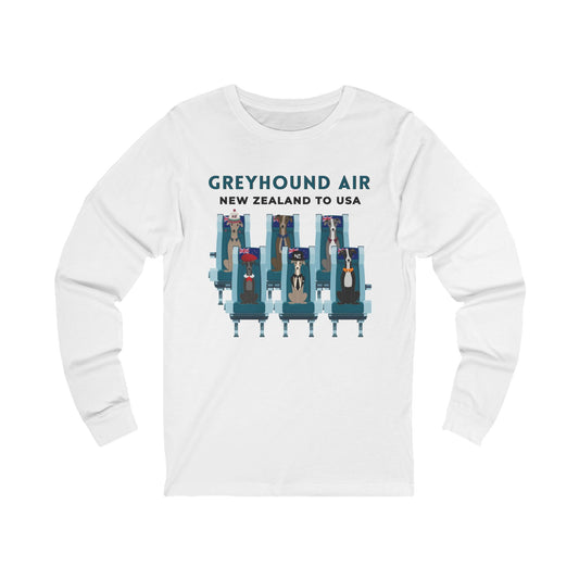 Greyhound Air long-sleeve unisex shirt featuring New Zealand to USA greyhound rescue aviation-inspired design