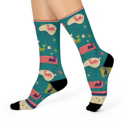 MCM Retro Feline Cat Socks Unisex Adult Stretchy Mid Calf Original Atlas Wanderlust