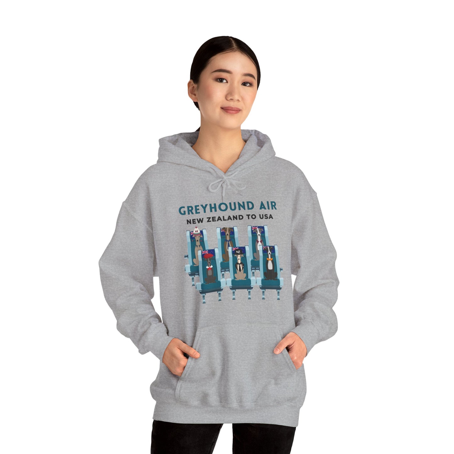Greyhound Air unisex hooded sweatshirt with New Zealand to USA aviation graphic, classic fit design