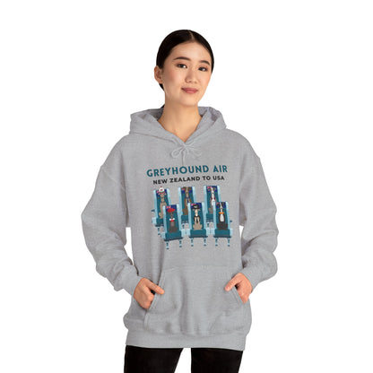 Greyhound Air unisex hooded sweatshirt with New Zealand to USA aviation graphic, classic fit design