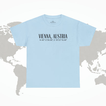 Vienna, Austria Coordinates T-Shirt, Modern Travel Tee Atlas Wanderlust