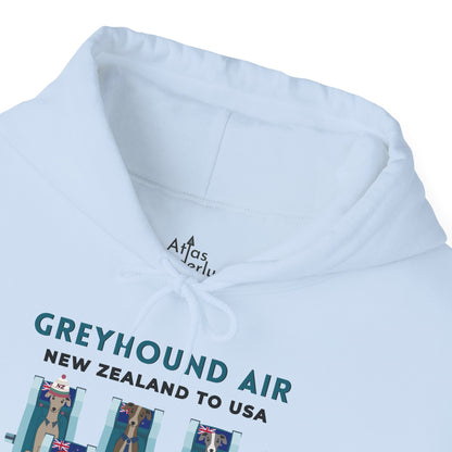 Greyhound Air unisex hooded sweatshirt with New Zealand to USA aviation graphic, classic fit design