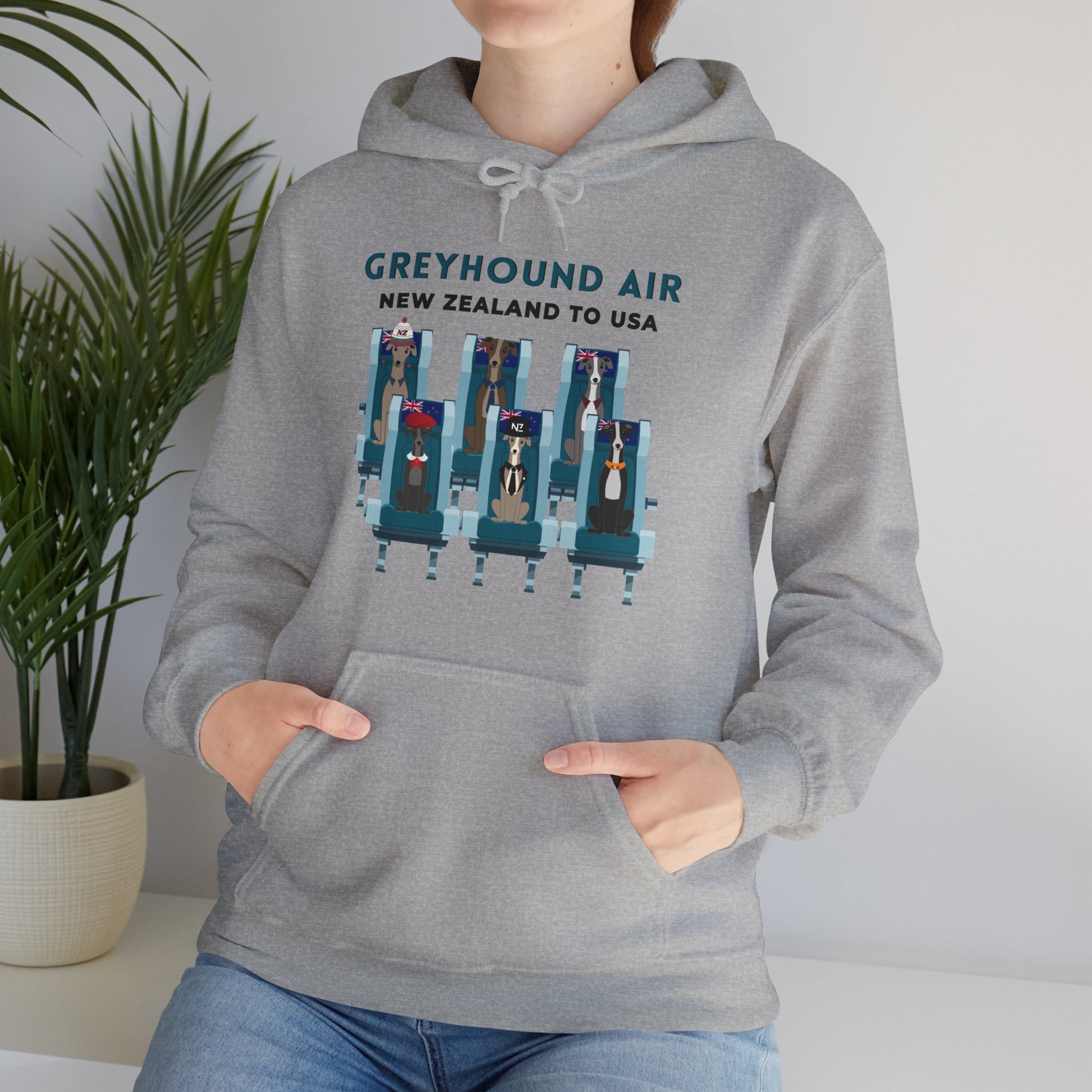Greyhound Air unisex hooded sweatshirt with New Zealand to USA aviation graphic, classic fit design