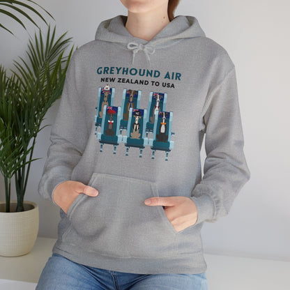 Greyhound Air unisex hooded sweatshirt with New Zealand to USA aviation graphic, classic fit design