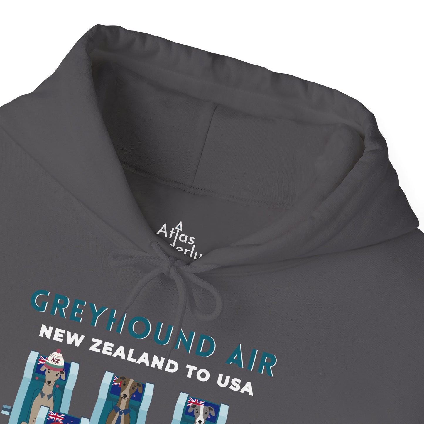 Greyhound Air unisex hooded sweatshirt with New Zealand to USA aviation graphic, classic fit design