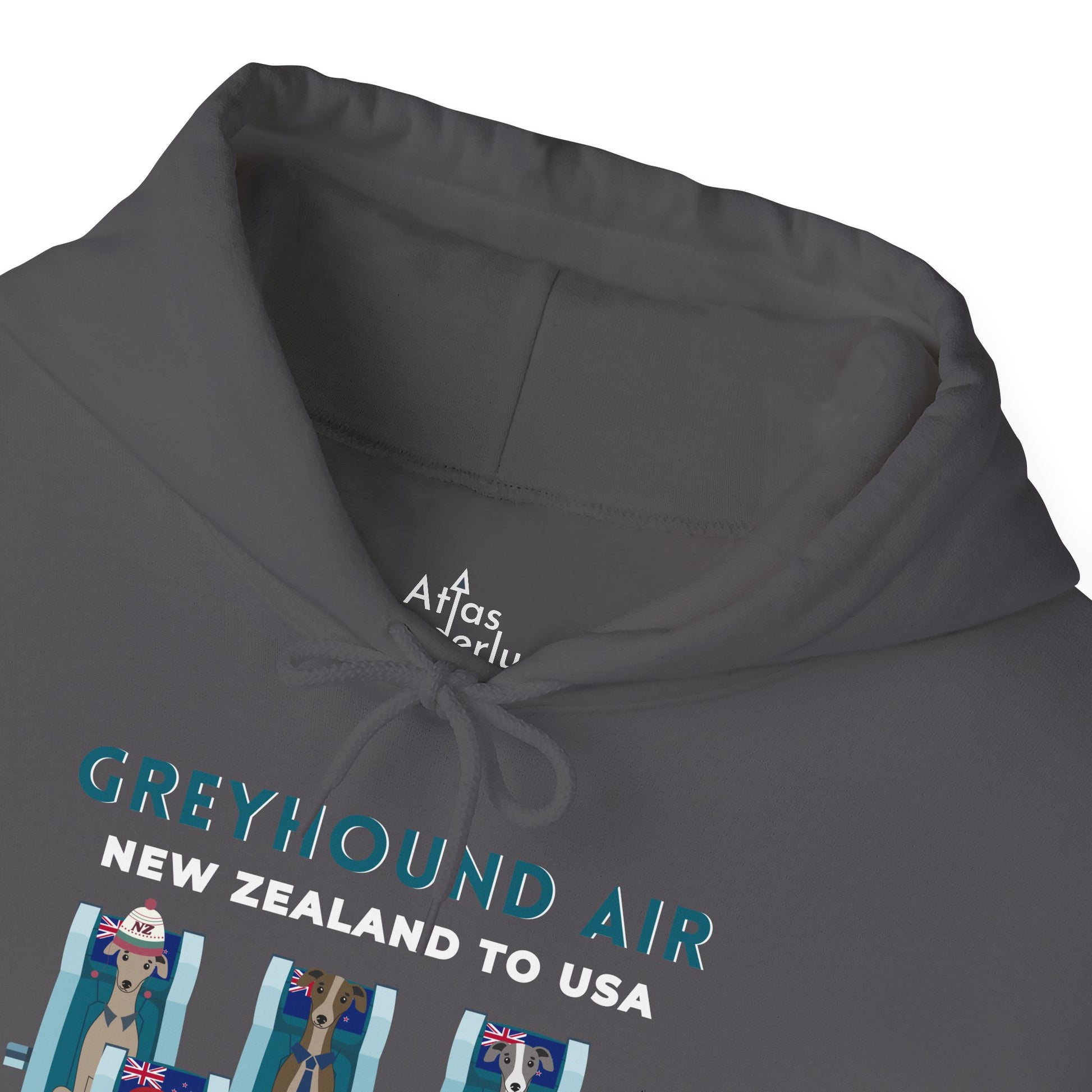 Greyhound Air unisex hooded sweatshirt with New Zealand to USA aviation graphic, classic fit design