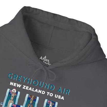 Greyhound Air unisex hooded sweatshirt with New Zealand to USA aviation graphic, classic fit design