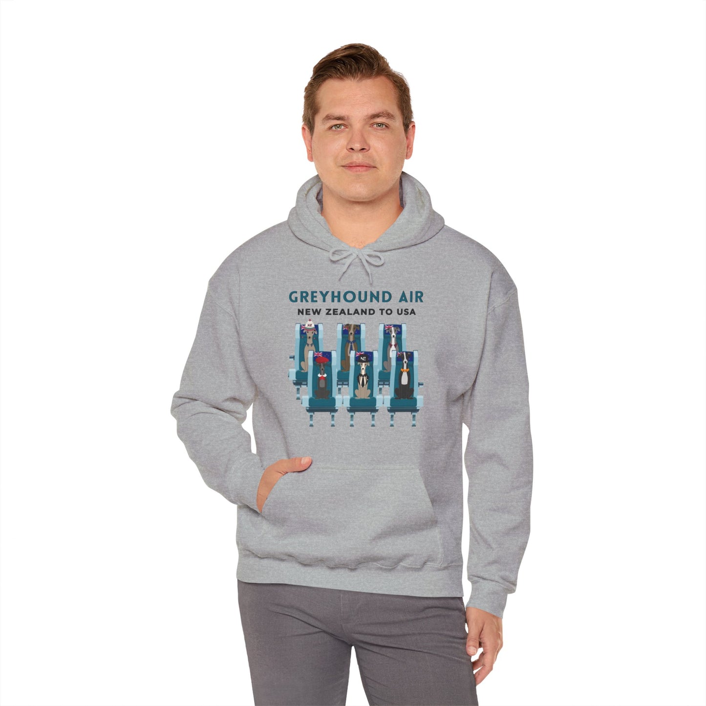 Greyhound Air unisex hooded sweatshirt with New Zealand to USA aviation graphic, classic fit design