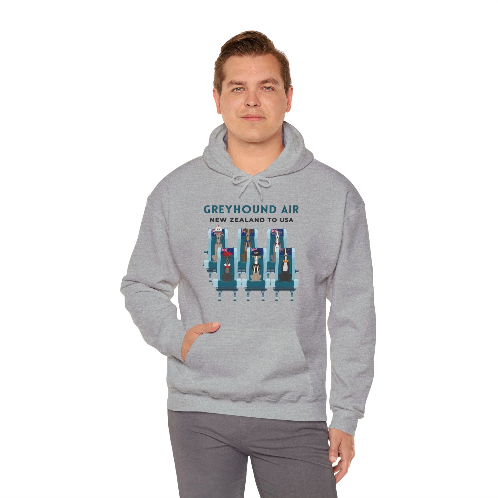 Greyhound Air unisex hooded sweatshirt with New Zealand to USA aviation graphic, classic fit design