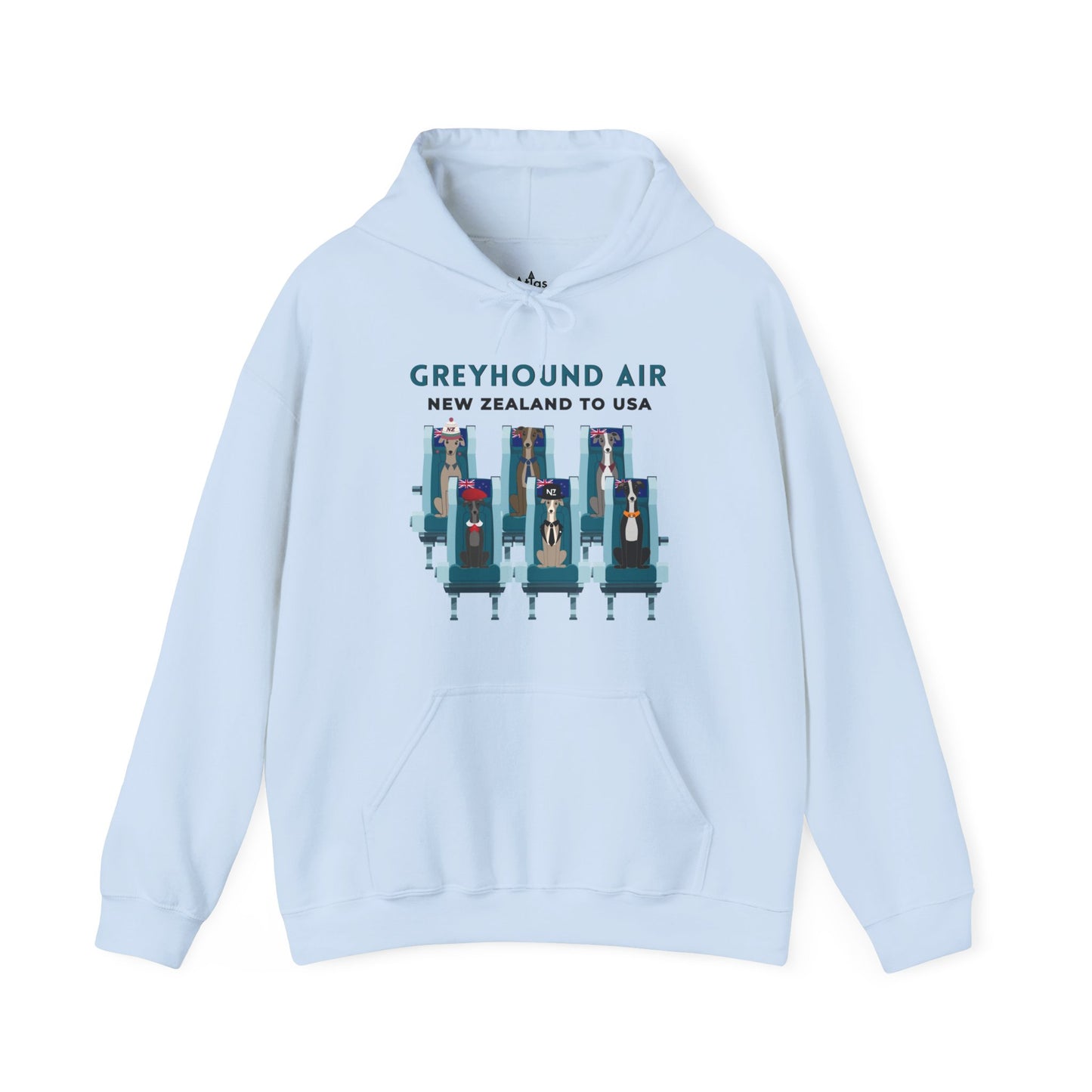 Greyhound Air unisex hooded sweatshirt with New Zealand to USA aviation graphic, classic fit design