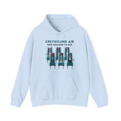 Greyhound Air unisex hooded sweatshirt with New Zealand to USA aviation graphic, classic fit design
