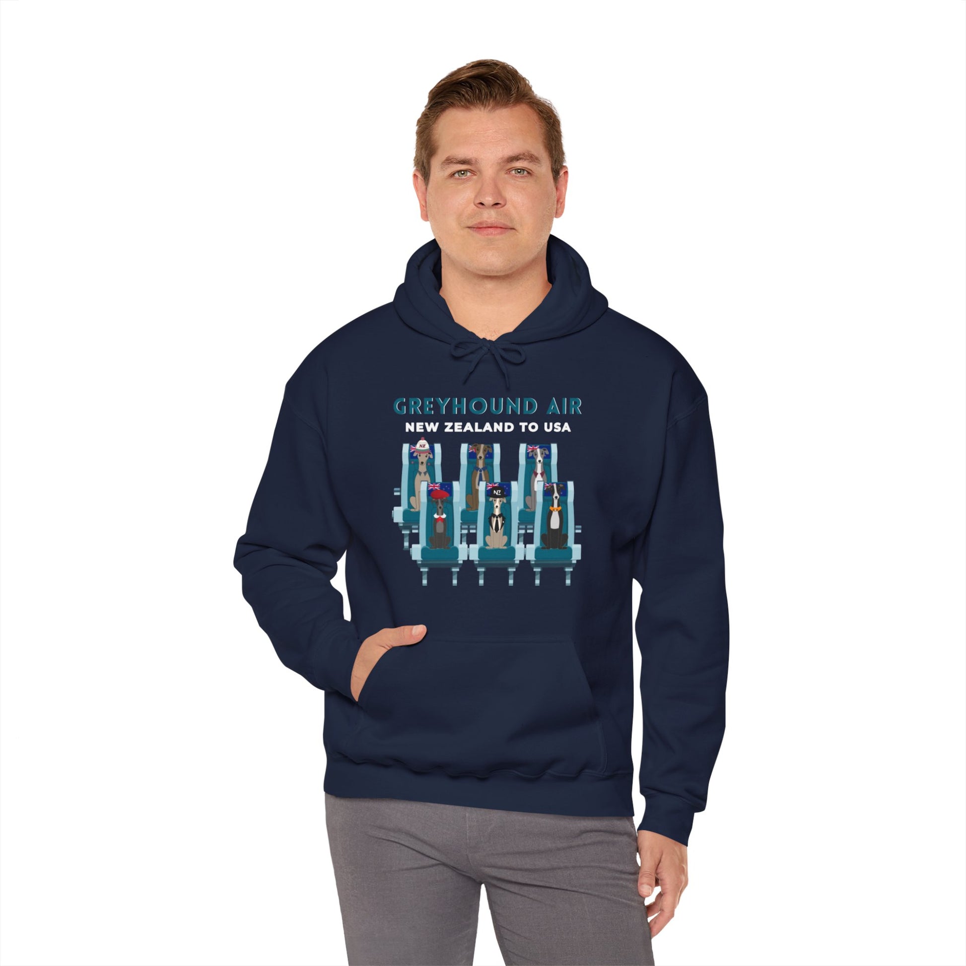 Greyhound Air unisex hooded sweatshirt with New Zealand to USA aviation graphic, classic fit design