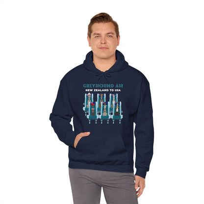 Greyhound Air unisex hooded sweatshirt with New Zealand to USA aviation graphic, classic fit design