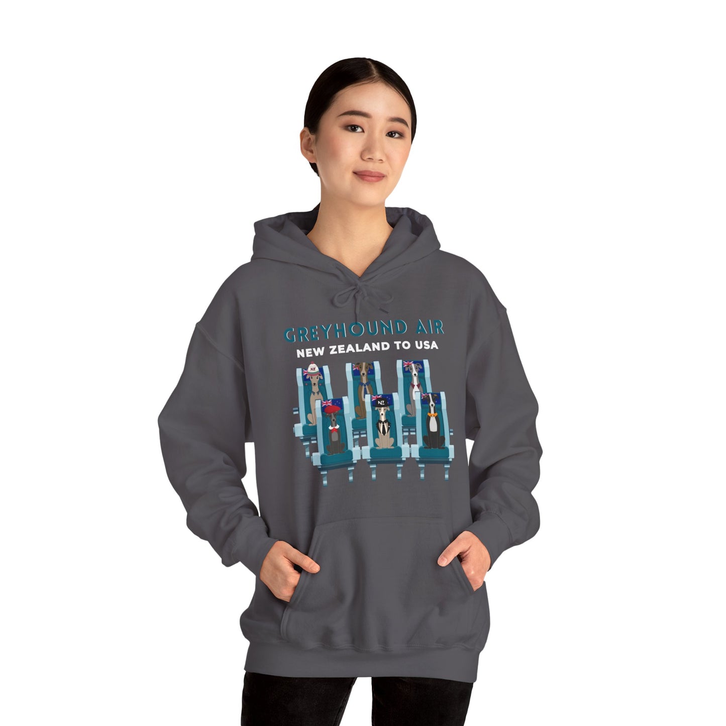 Greyhound Air unisex hooded sweatshirt with New Zealand to USA aviation graphic, classic fit design