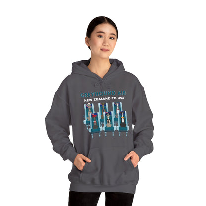 Greyhound Air unisex hooded sweatshirt with New Zealand to USA aviation graphic, classic fit design