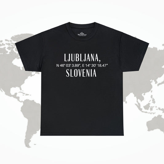 Ljubjana Slovenia Coordinates Tee, Modern Travel Tee Atlas Wanderlust