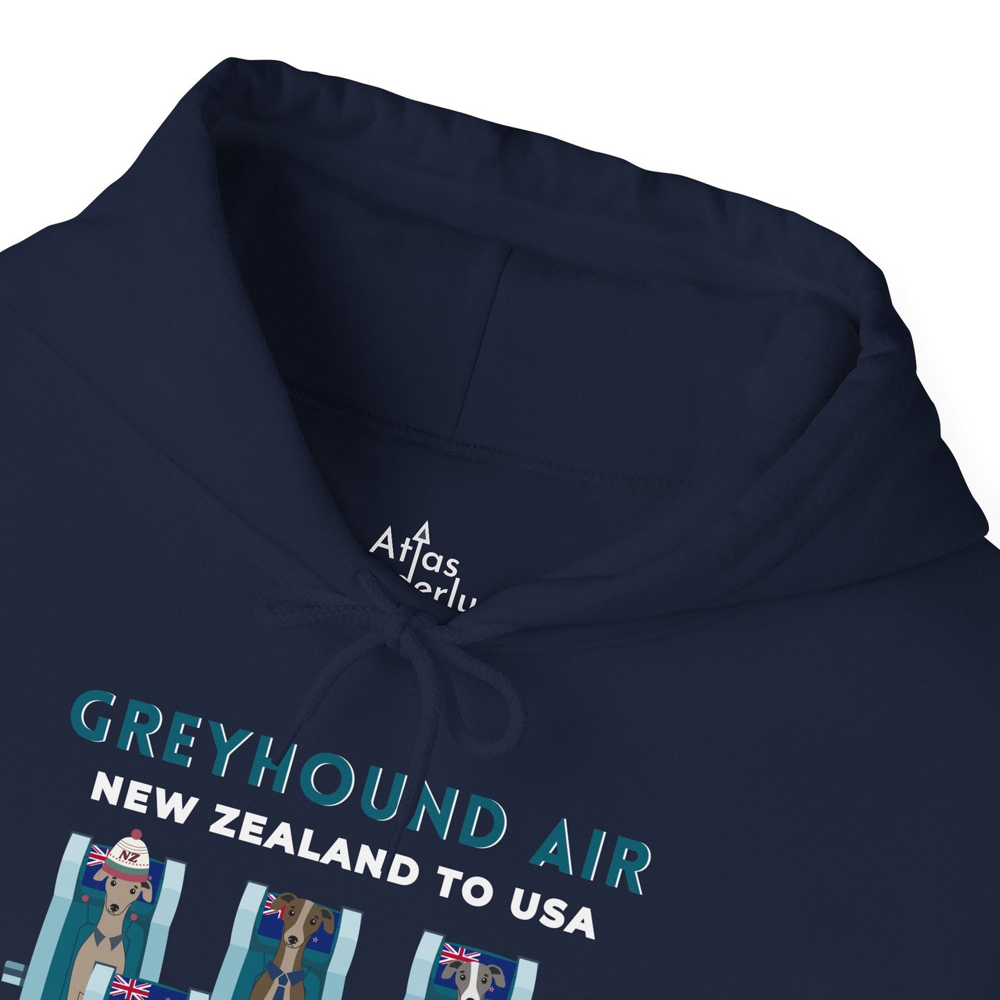 Greyhound Air unisex hooded sweatshirt with New Zealand to USA aviation graphic, classic fit design