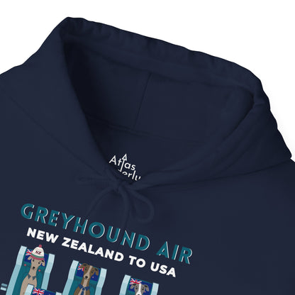Greyhound Air unisex hooded sweatshirt with New Zealand to USA aviation graphic, classic fit design