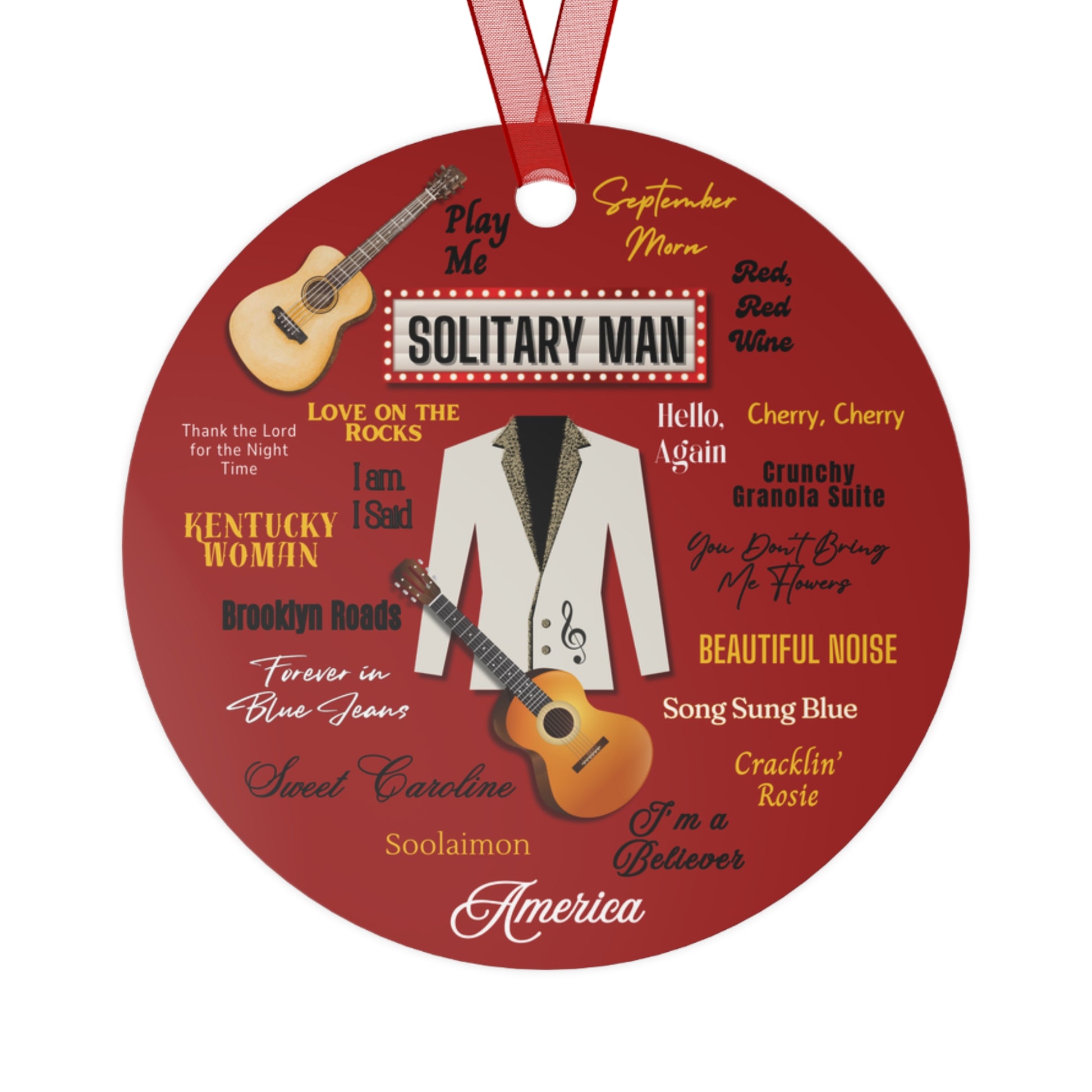 Solitary Man ornament featuring a beaded jacket and guitar design, created as a tribute keepsake for music fans