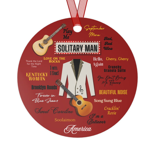 Solitary Man ornament featuring a beaded jacket and guitar design, created as a tribute keepsake for music fans