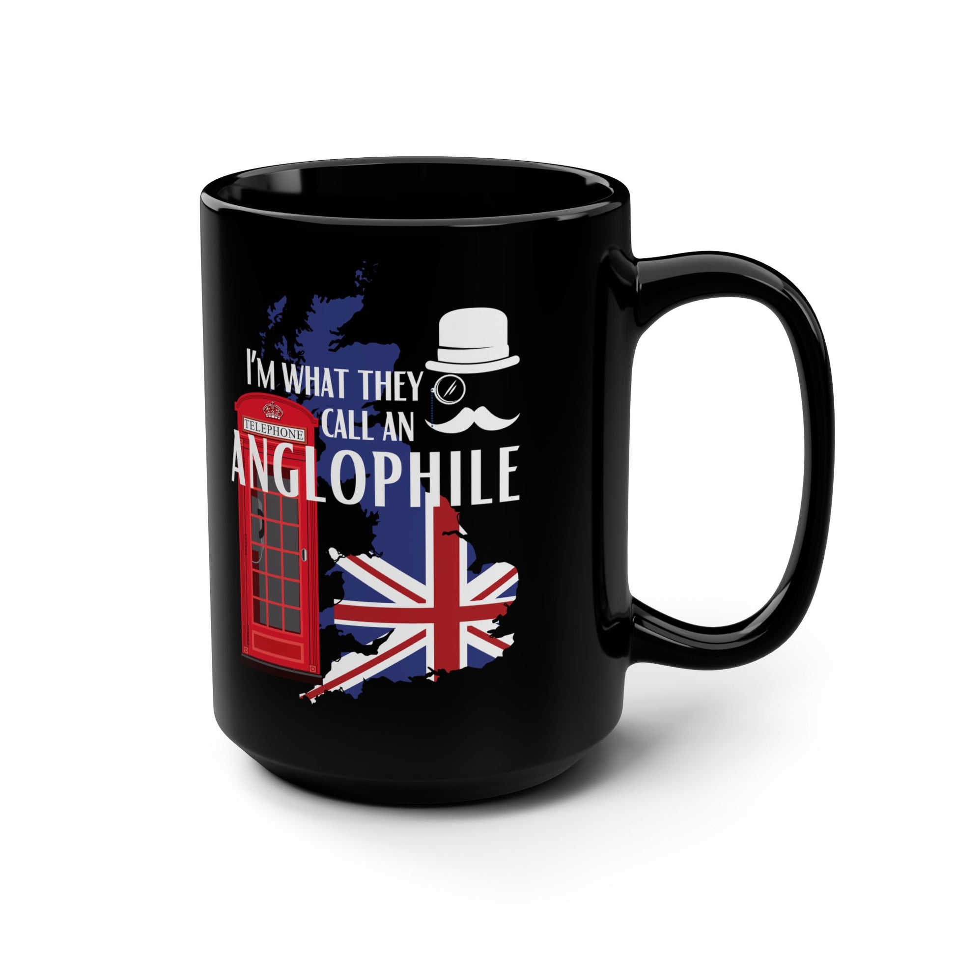 Anglophile 15 oz ceramic coffee mug with modern England and British culture inspired design
