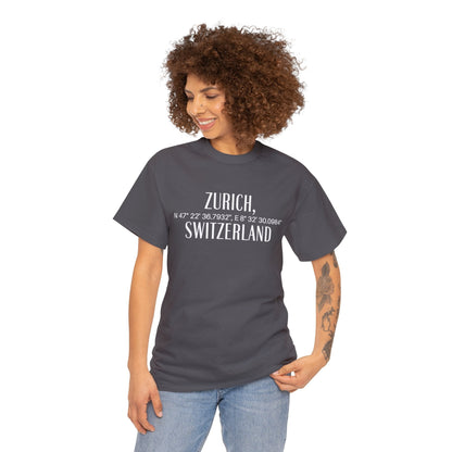 Zurich, Switzerland Coordinates T-Shirt, Modern Travel Tee Atlas Wanderlust