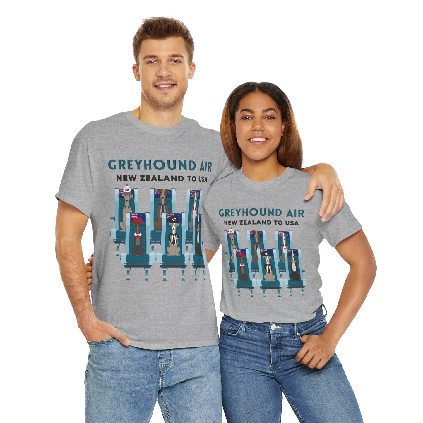 Greyhound Air short sleeve unisex shirt featuring New Zealand to USA greyhound rescue aviation design