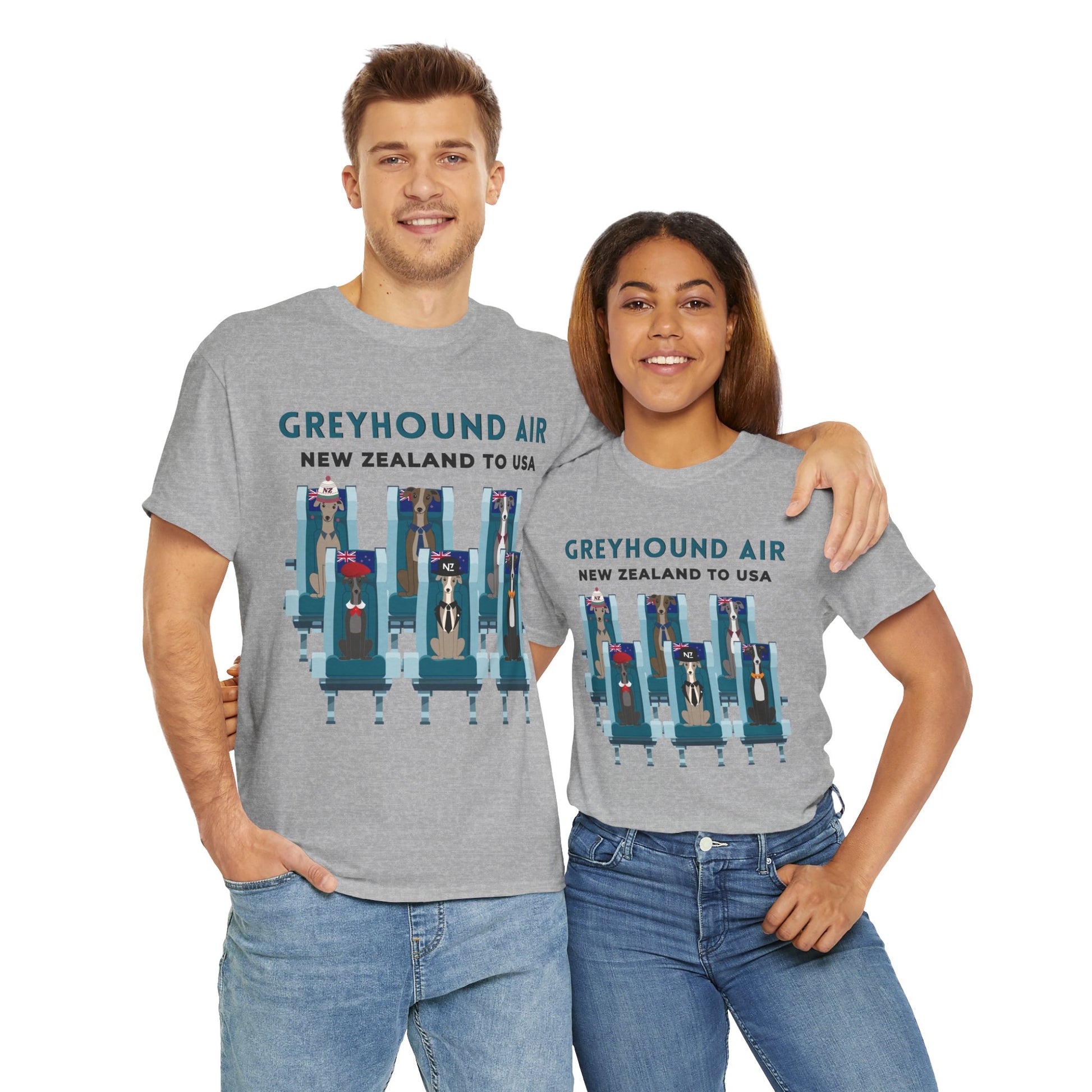 Greyhound Air short sleeve unisex shirt featuring New Zealand to USA greyhound rescue aviation design