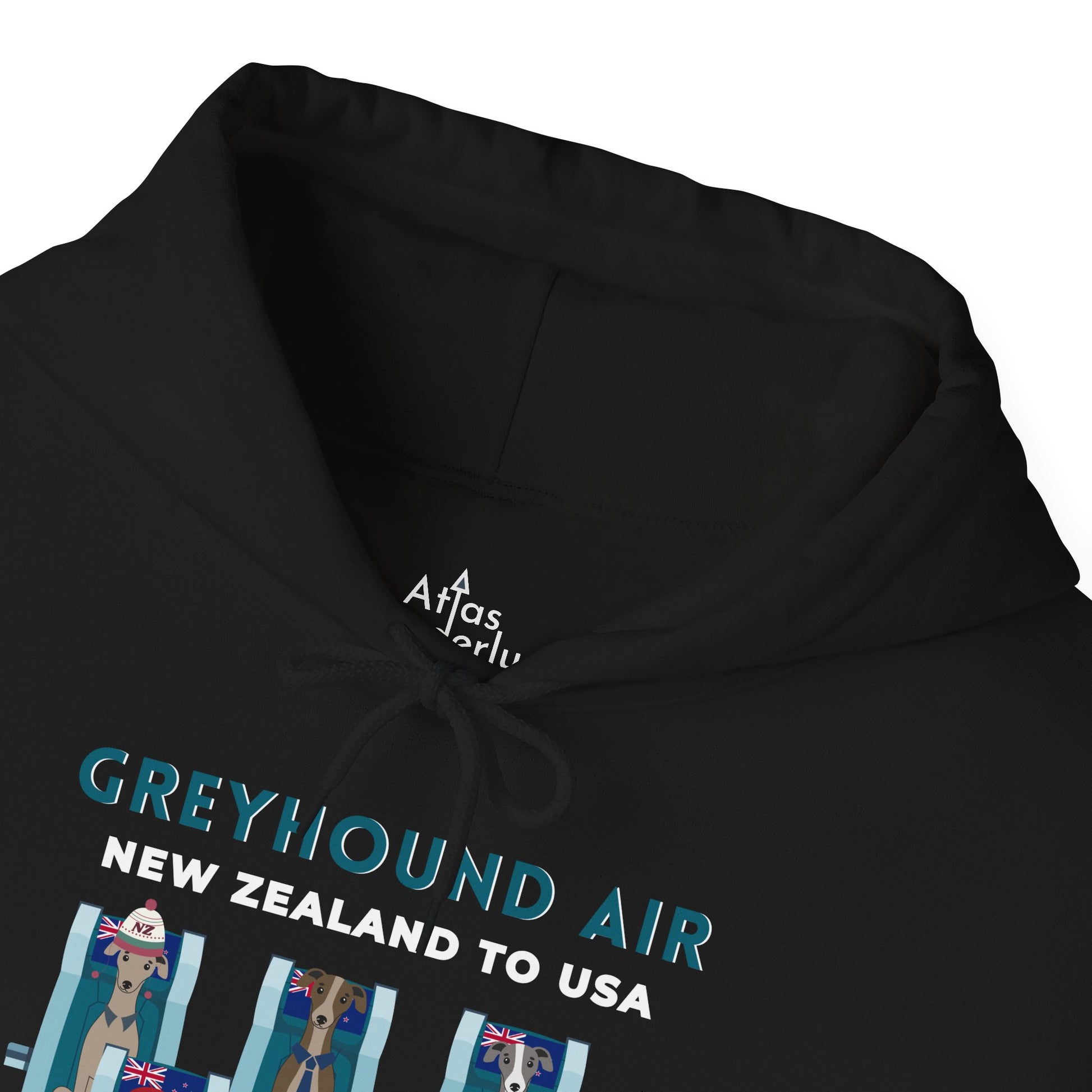 Greyhound Air unisex hooded sweatshirt with New Zealand to USA aviation graphic, classic fit design