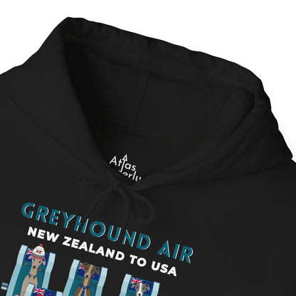 Greyhound Air unisex hooded sweatshirt with New Zealand to USA aviation graphic, classic fit design