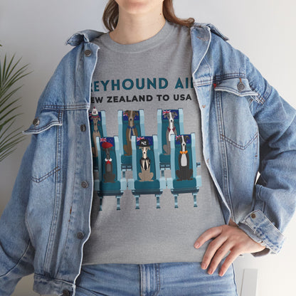 Greyhound Air short sleeve unisex shirt featuring New Zealand to USA greyhound rescue aviation design