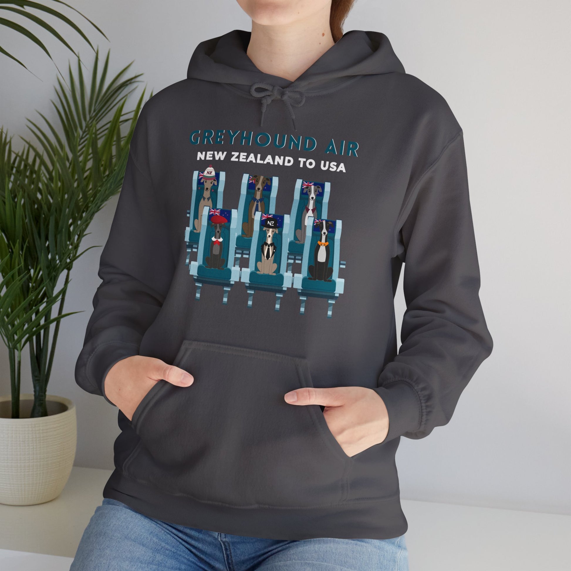Greyhound Air unisex hooded sweatshirt with New Zealand to USA aviation graphic, classic fit design