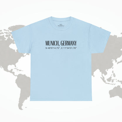 Munich Germany Coordinates T-Shirt, Modern Travel Tee Atlas Wanderlust