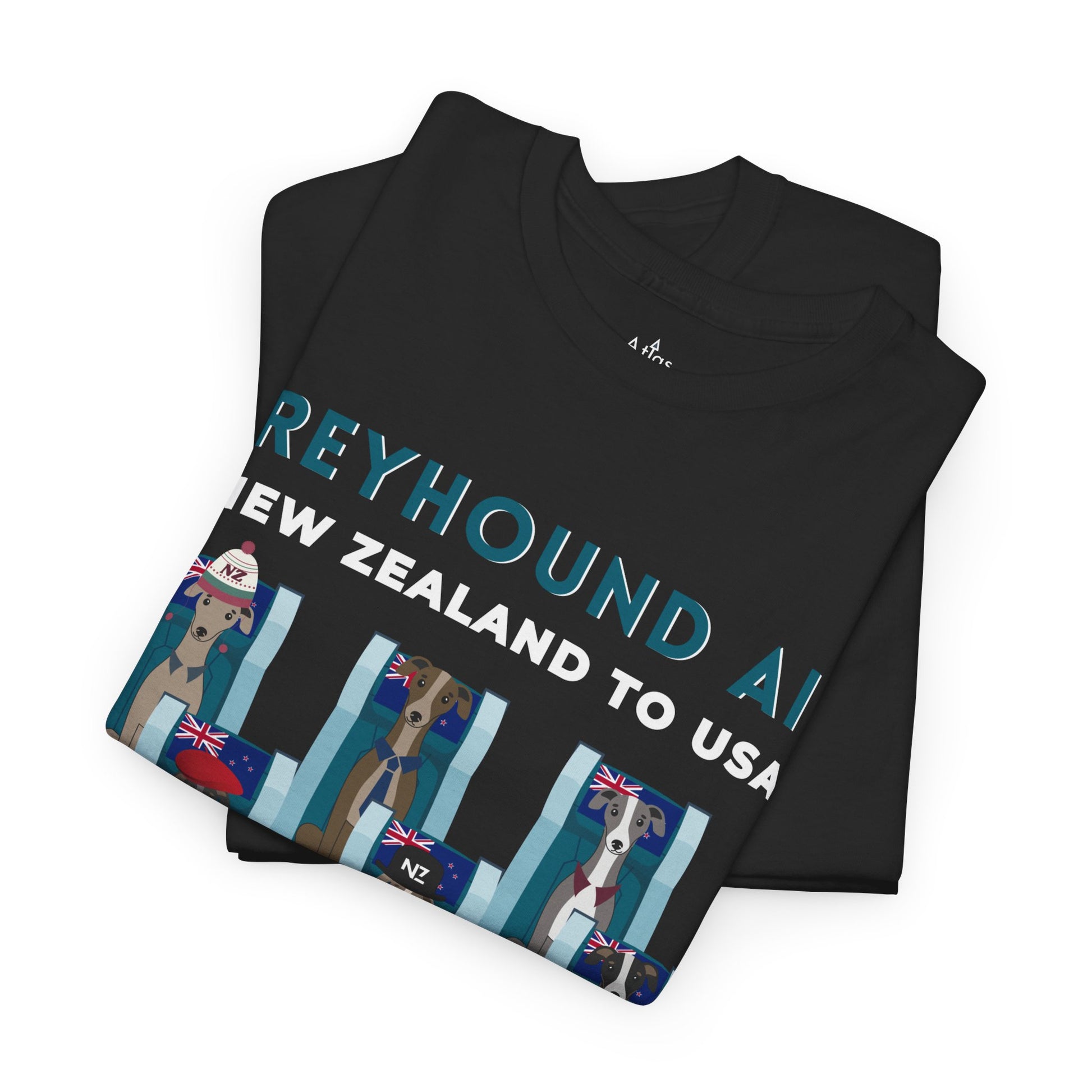 Greyhound Air short sleeve unisex shirt featuring New Zealand to USA greyhound rescue aviation design