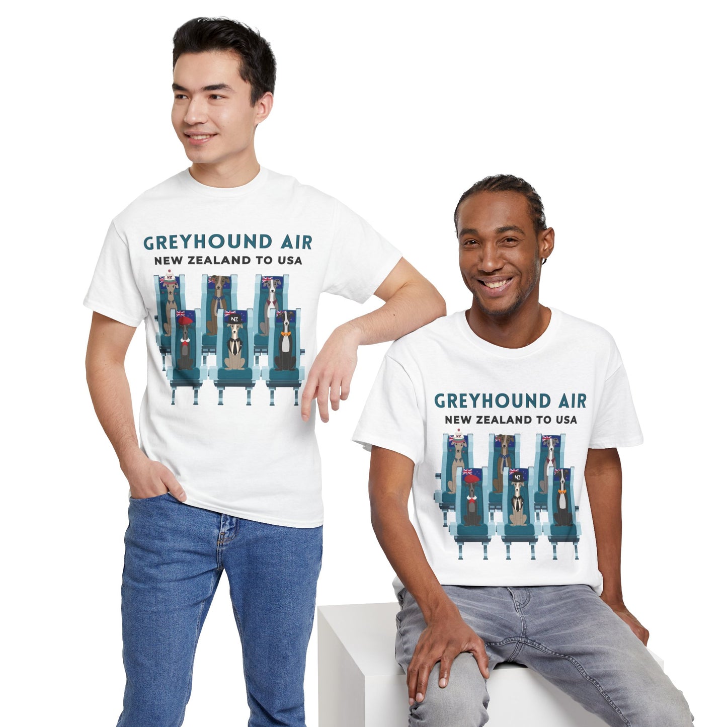 Greyhound Air short sleeve unisex shirt featuring New Zealand to USA greyhound rescue aviation design
