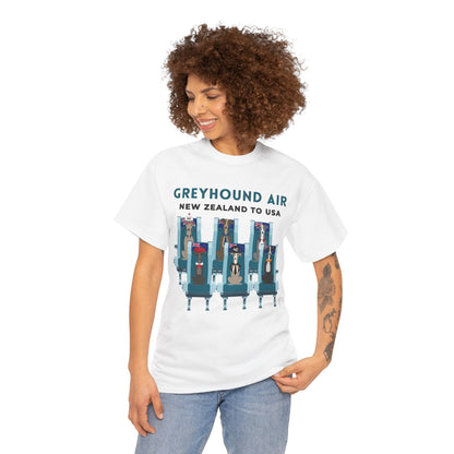 Greyhound Air short sleeve unisex shirt featuring New Zealand to USA greyhound rescue aviation design