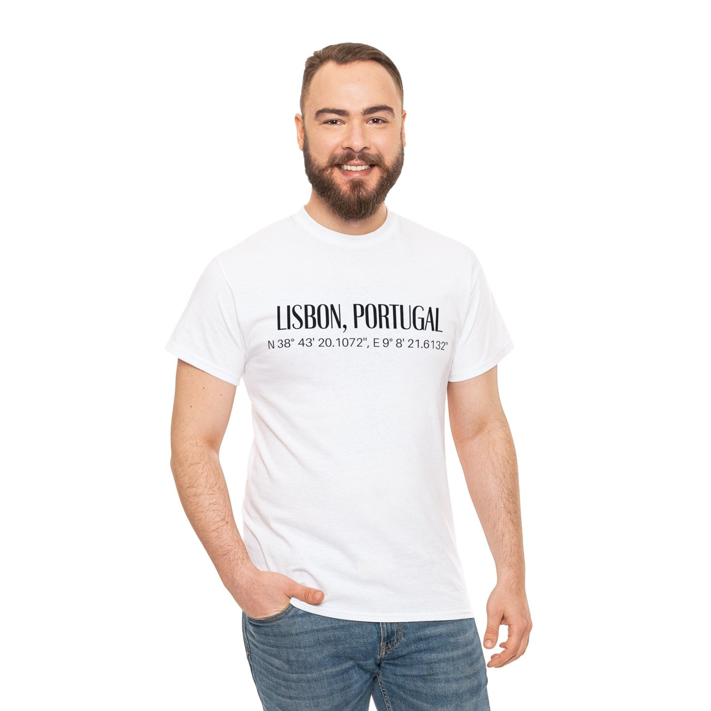 Lisbon, Portugal Coordinates T-Shirt, Modern Travel Tee Atlas Wanderlust