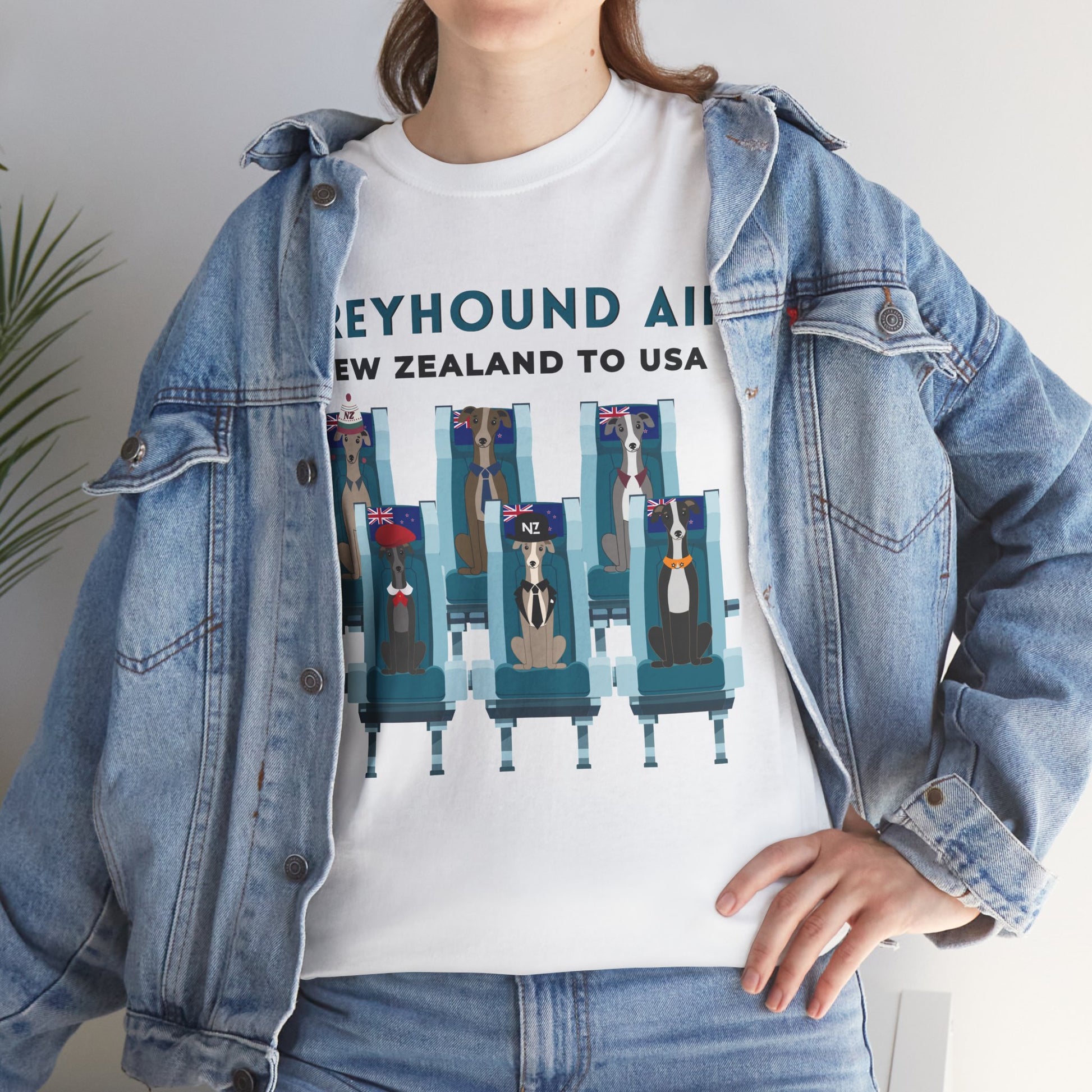 Greyhound Air short sleeve unisex shirt featuring New Zealand to USA greyhound rescue aviation design
