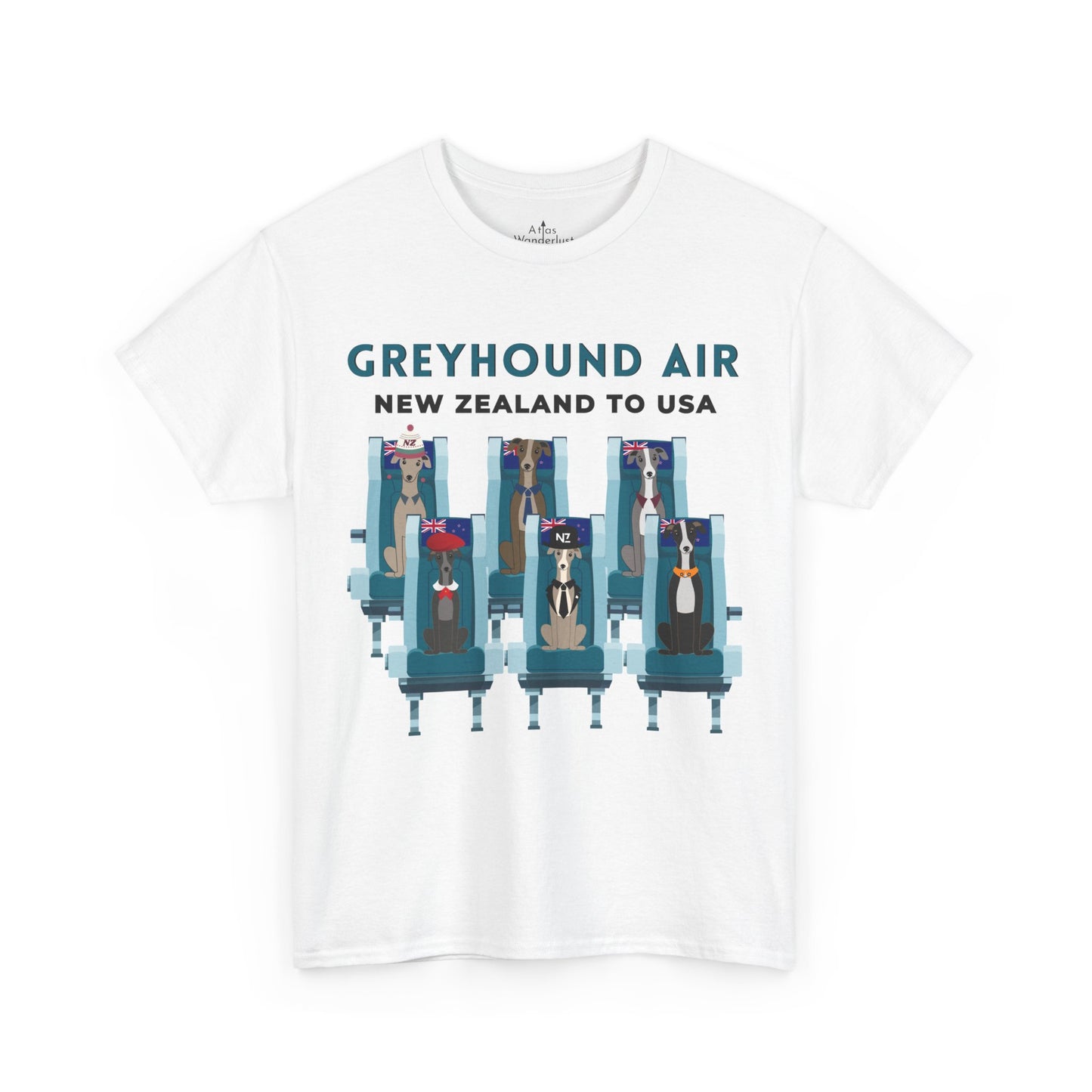 Greyhound Air short sleeve unisex shirt featuring New Zealand to USA greyhound rescue aviation design