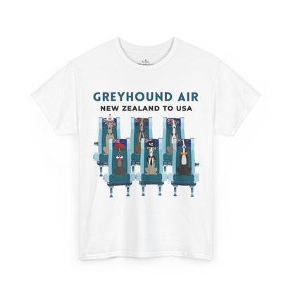 Greyhound Air short sleeve unisex shirt featuring New Zealand to USA greyhound rescue aviation design