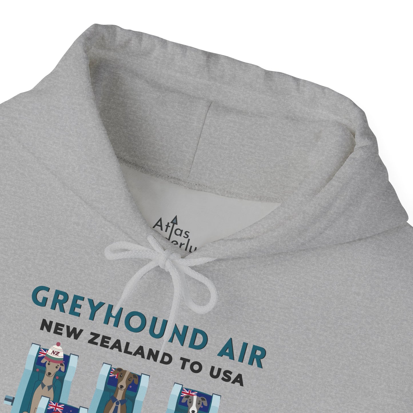 Greyhound Air unisex hooded sweatshirt with New Zealand to USA aviation graphic, classic fit design