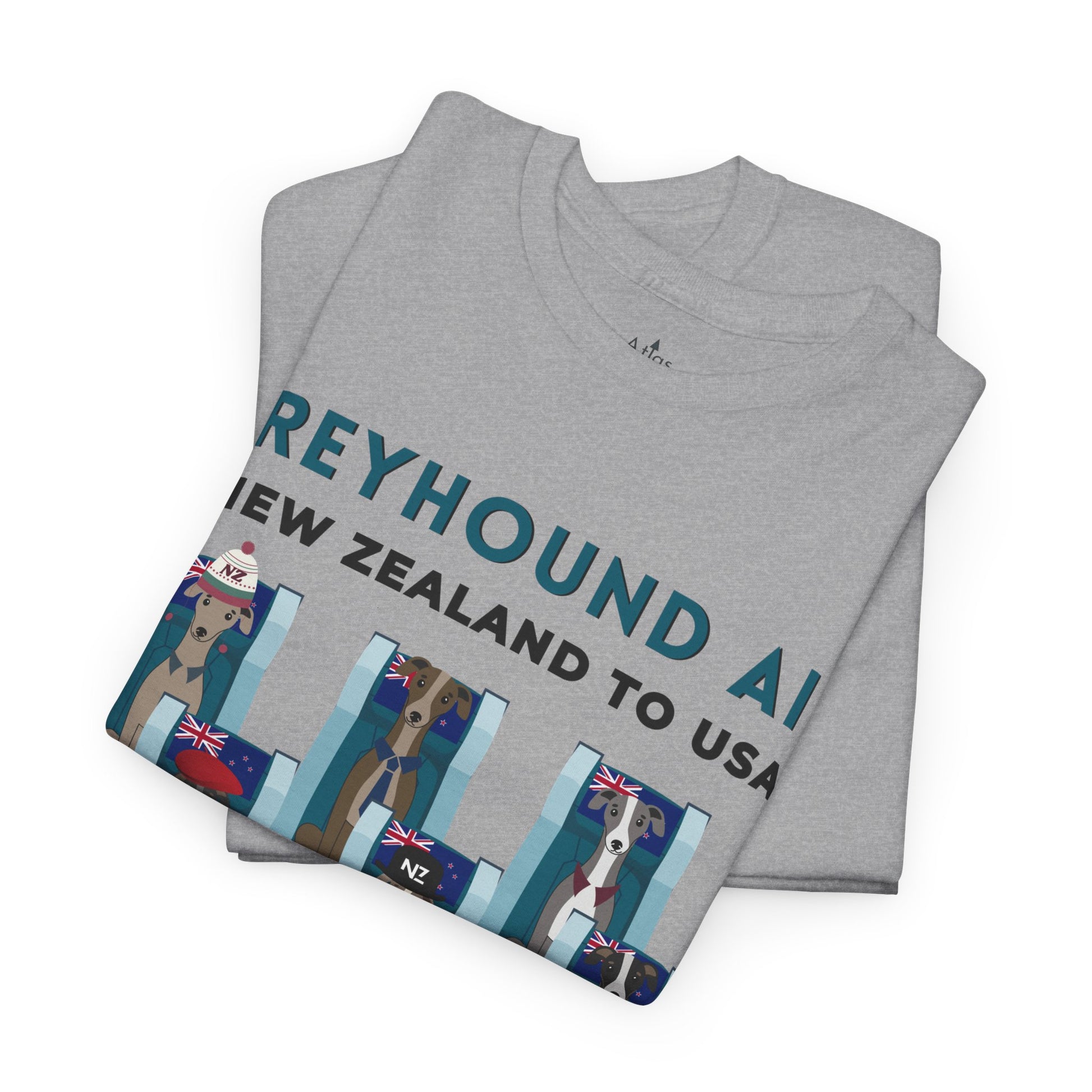 Greyhound Air short sleeve unisex shirt featuring New Zealand to USA greyhound rescue aviation design