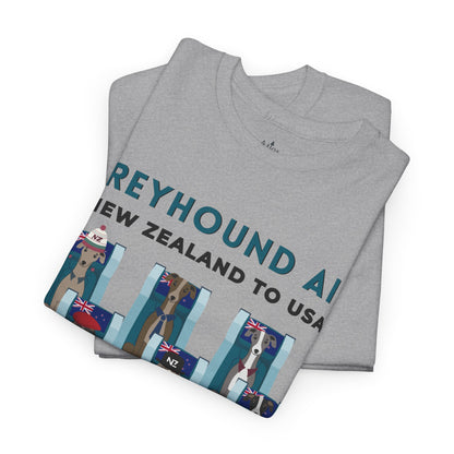 Greyhound Air short sleeve unisex shirt featuring New Zealand to USA greyhound rescue aviation design