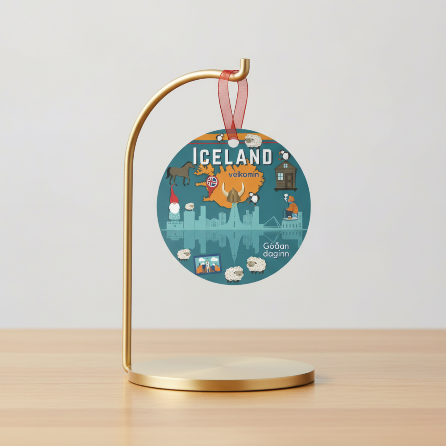 Iceland Travel Ornament – Map, Puffins, Vikings & Nordic Icons Atlas Wanderlust