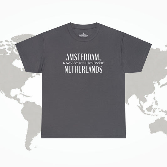 Amsterdam Netherlands Coordinates T-Shirt, Modern Holland Tee Atlas Wanderlust
